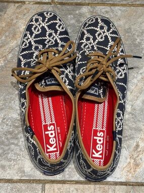 Keds Navy Rope-Print Canvas Boat Shoes with Brown Laces and Red Insoles